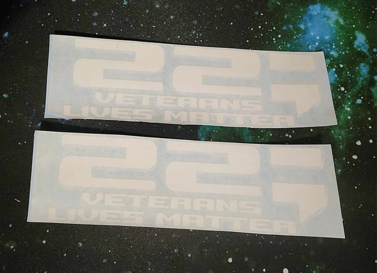 Set of two white 22 Veterans Lives Matter vinyl decals